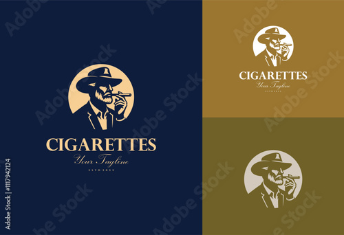 silhouette logo of old man wearing cowboy hat holding cigarette in ink drawing style vector illustration