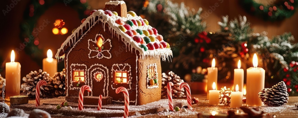 Naklejka premium A lively family moment of decorating a gingerbread house, with candy canes, gumdrops, and icing, all set against a backdrop of festive wreaths and glowing candles