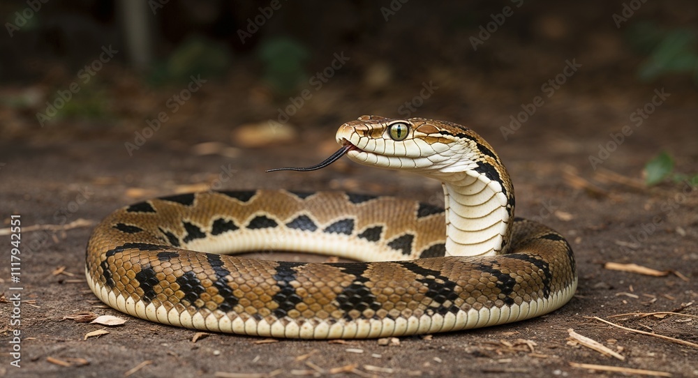 Fototapeta premium A sneaky cobra coiled with its hood flared ready to strike