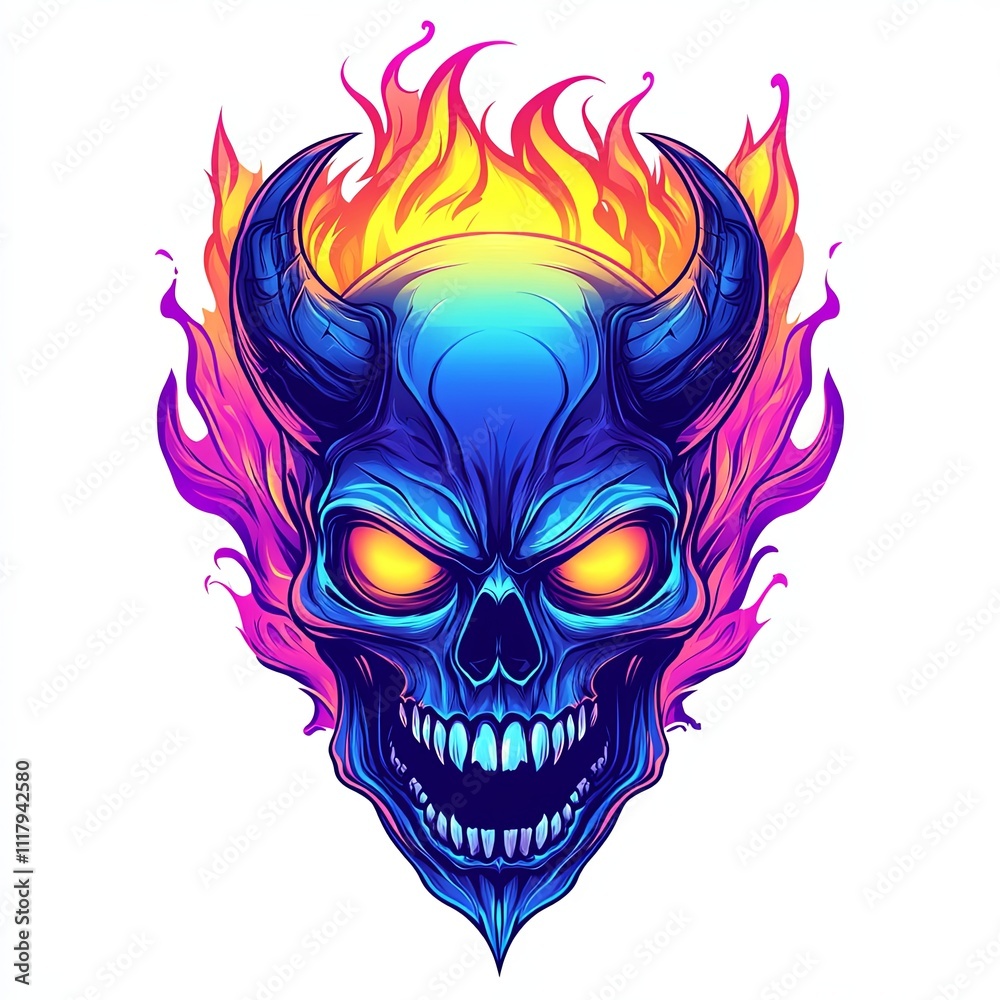 Fiery blue devil skull with glowing eyes and horns engulfed in vibrant flames. Fiery blue devil skull with glowing eyes and horns engulfed in vibrant flames.