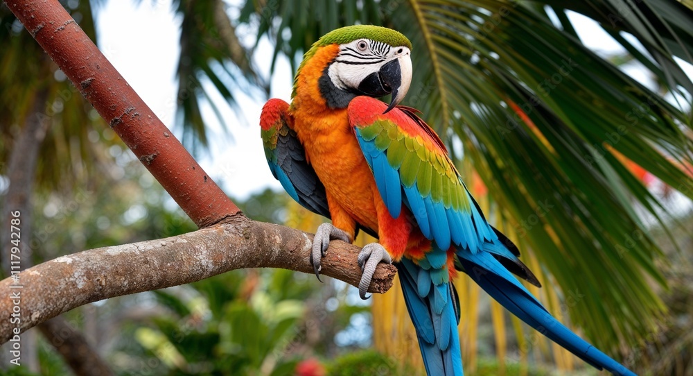 Obraz premium A striking macaw perched on a tropical tree branch with vivid colors