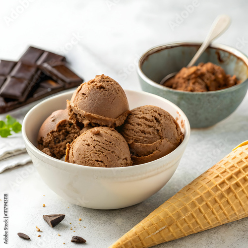 bowl served with chocolate ice cream scoops and co