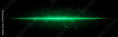 Green glowing line icon. Vibrant horizontal beam, illuminated particles, abstract light effect, futuristic energy, minimalistic decor, dynamic modern design, radiant visual