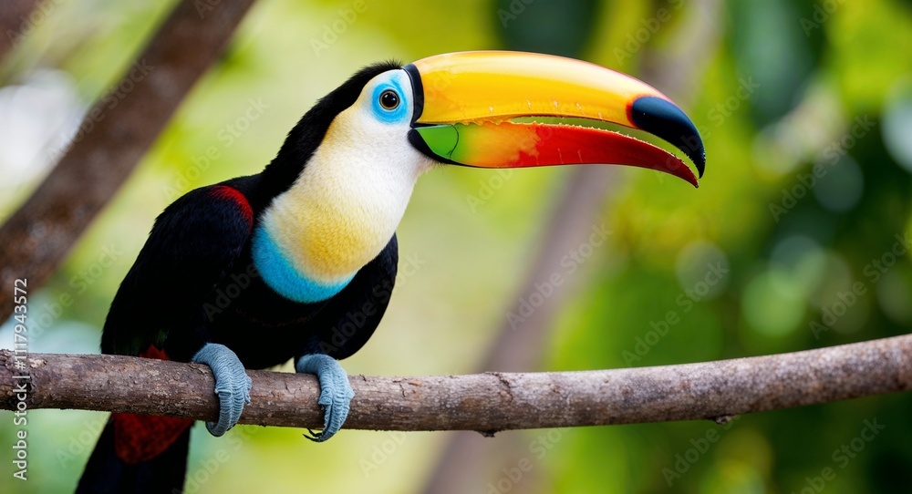 Fototapeta premium A vibrant toucan perched on a branch with its large colorful beak