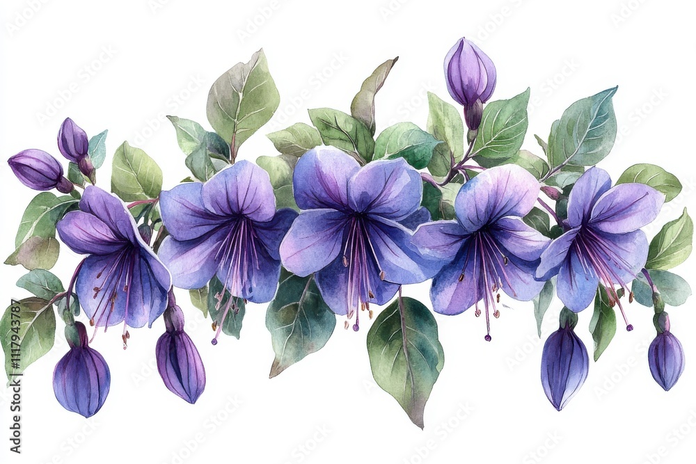 Fototapeta premium A vibrant illustration of purple flowers and green leaves, ideal for decorative purposes.