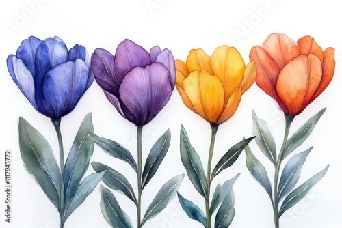 Wallpaper Mural A vibrant illustration of four colorful tulips with green leaves against a white background. Torontodigital.ca