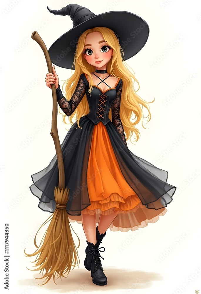 Cartoon Young Woman Dressed as a Witch for Halloween Cartoon Young Woman Dressed as a Witch for Halloween