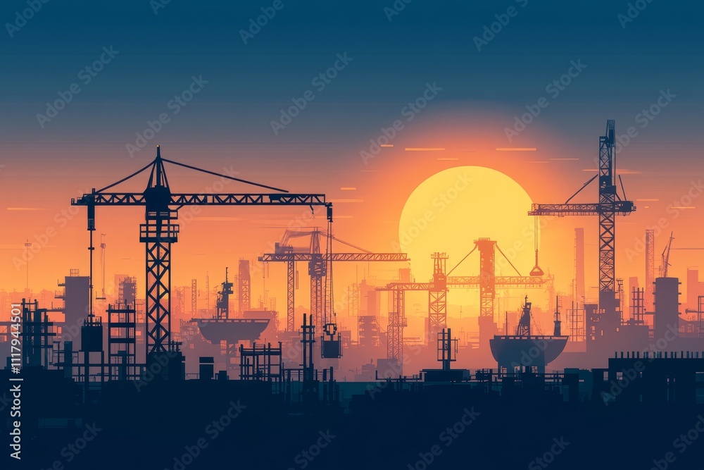 Shipyard at dusk industrial cranes and machinery silhouettes working on vessels at sunset Shipyard at dusk industrial cranes and machinery silhouettes working on vessels at sunset