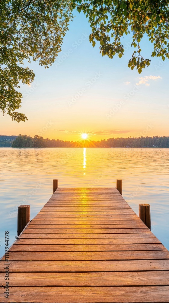 Fototapeta premium A tranquil wooden dock extends over a calm lake, illuminated by a warm sunset, framed by lush trees, creating a serene natural landscape.