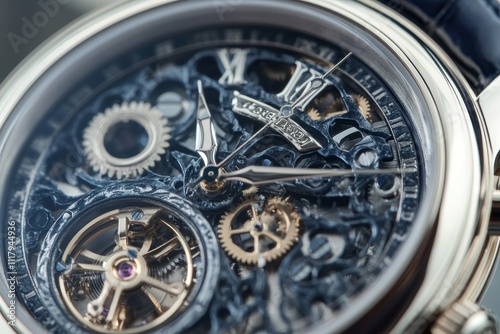 Detailed close up of skeleton wristwatch mechanism showcasing exposed gears and timekeeping photo