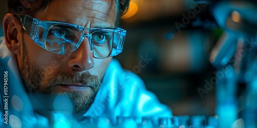 Close-up of a focused scientist wearing protective glasses in a laboratory, illuminated by blue light,