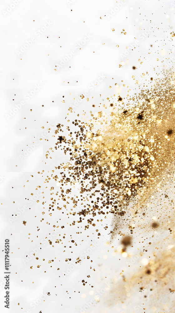 White background, gold particles, glitter on blurred background with a bokeh effect White background, gold particles, glitter on blurred background with a bokeh effect