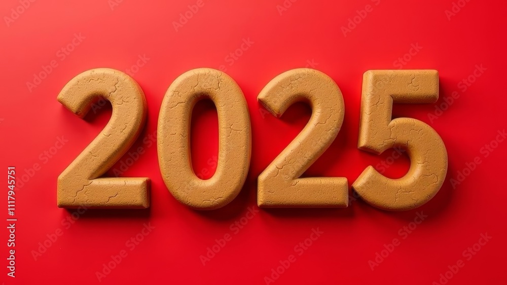 The inscription 2025 made of gingerbread on a red background. The inscription 2025 made of gingerbread on a red background.