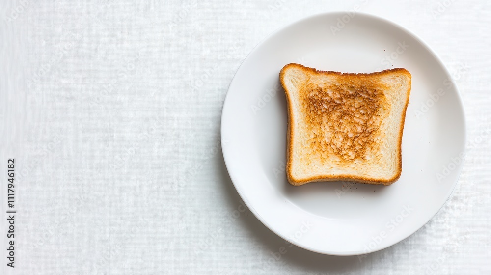 Close-up of a perfectly toasted slice of bread on a simple white plate, showcasing the crisp texture and golden color against a clean background.