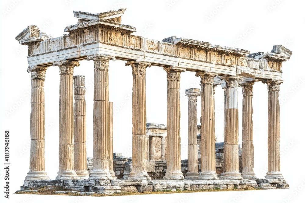 Fototapeta premium Ancient stone columns, weathered ruins, classical architecture.