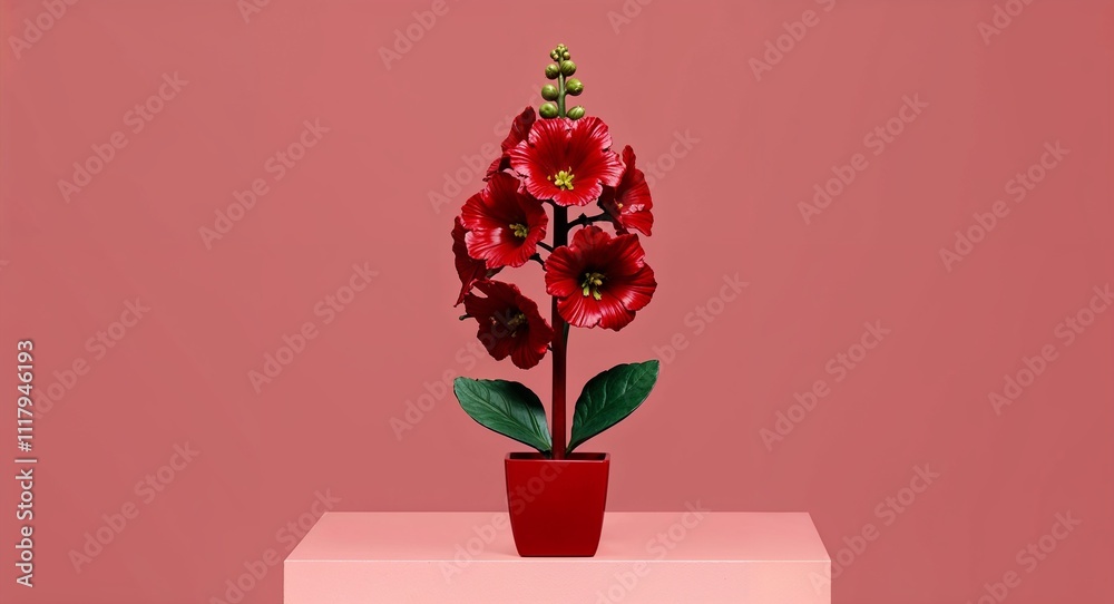 Fototapeta premium A bold hollyhock flower figurine with vibrant blooms on a plain scarlet red background