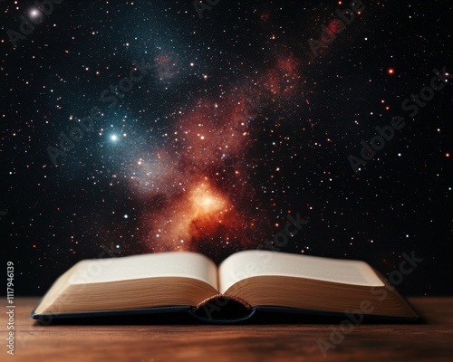 Open Book with Cosmic Background and Starry Night Sky