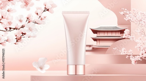 Elegant Skincare Product Display with Sakura Blossoms and Asian-Inspired Design