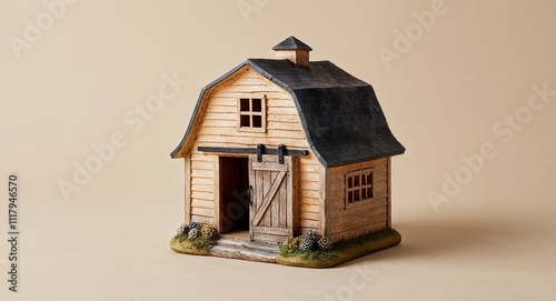 A charming barnstyle house figurine with a large sliding door and rustic charm on a plain soft beige background photo