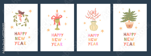 A collection of greeting cards for New Year. Cute minimalist cards. Christmas elements.