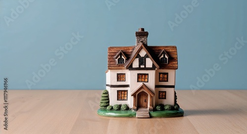 A charming Tudorstyle house figurine with wooden beams on a plain sky blue background photo