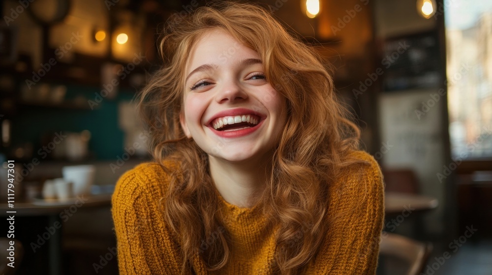 Happy Woman Smiling in Coffee Shop Happy Woman Smiling in Coffee Shop