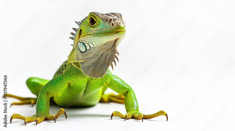 Obraz premium Vibrant green iguana posing against a plain white backdrop, showcasing its striking scales and intricate markings in a captivating studio photograph.