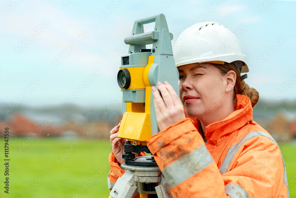 Woman surveyor using total station for land measurement in a green field on a clear day Woman surveyor using total station for land measurement in a green field on a clear day