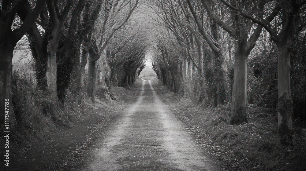 Naklejka premium A serene, tree-lined path creating a tunnel effect in black and white.