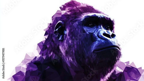 Low-poly portrait of a gorilla, purple and blue tones. photo