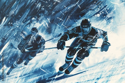 Dynamic Ice Hockey Illustration Teamwork Strategy Motion in BlueGrey Palette photo