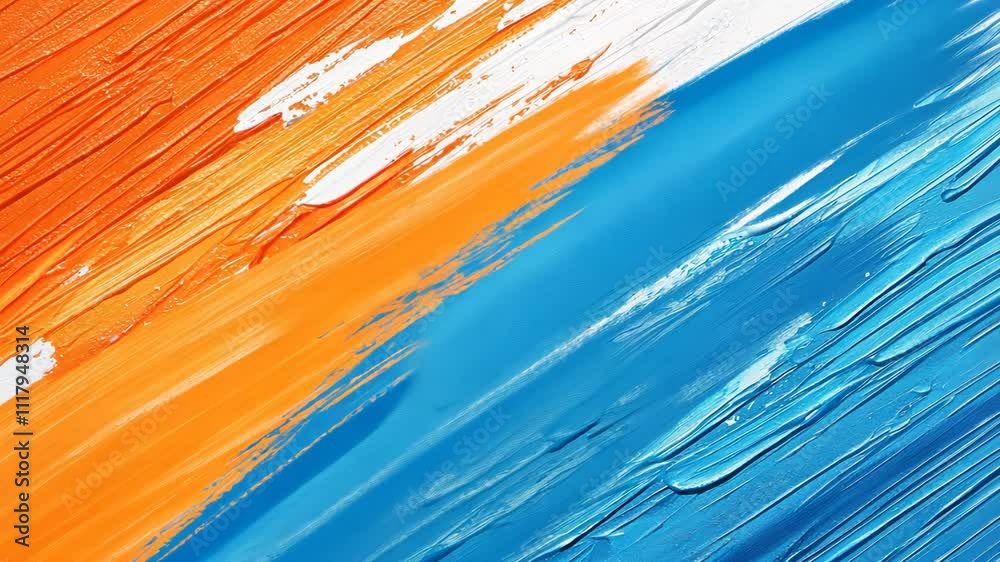Abstract art with vibrant colors of orange, white, and blue paint strokes on canvas background