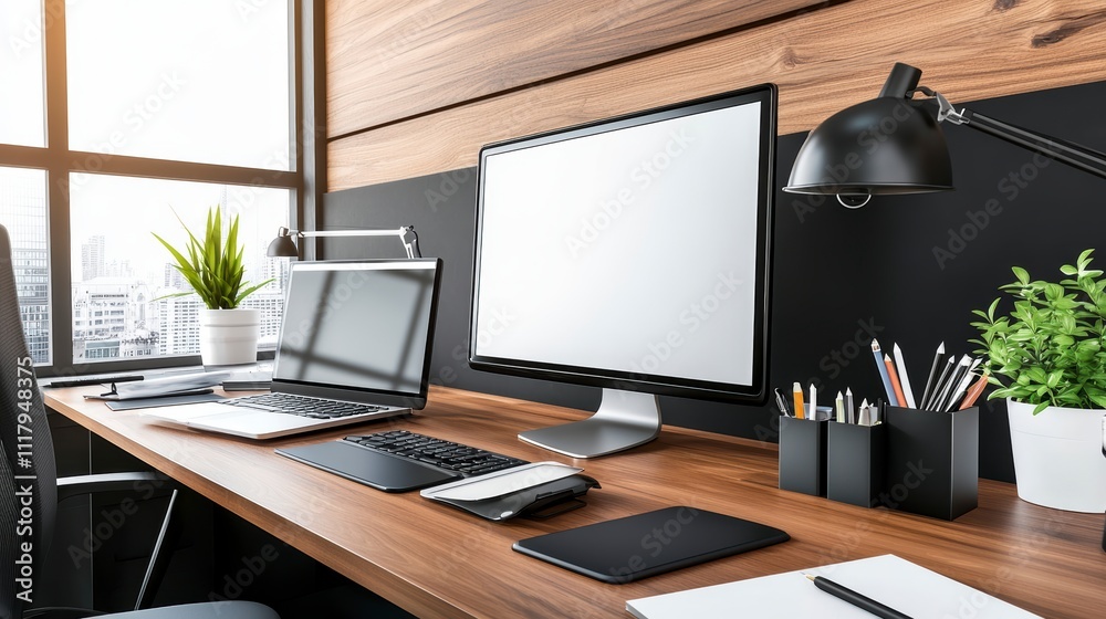 Modern Home Office Workspace with Blank Screen Desktop Computer and Laptop Modern Home Office Workspace with Blank Screen Desktop Computer and Laptop