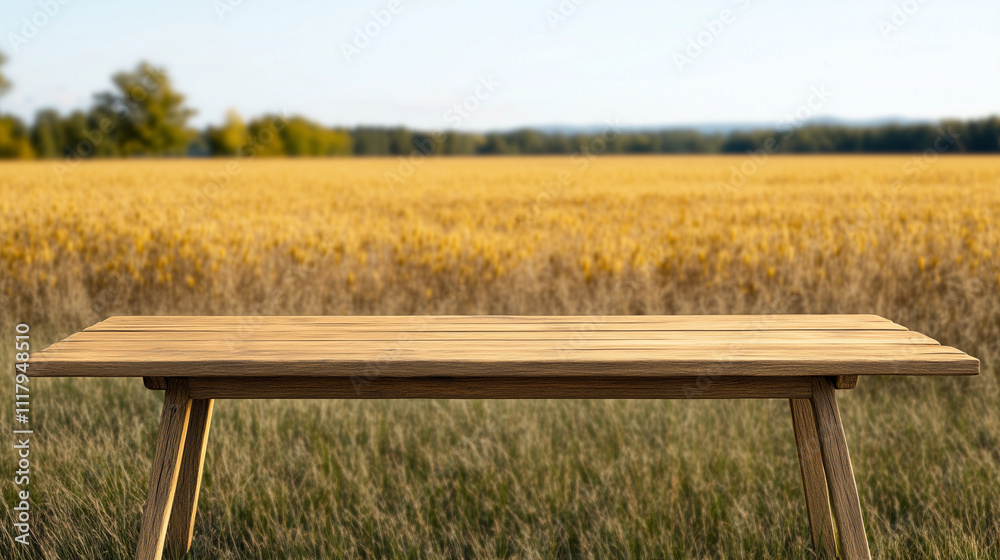 Wooden bench table with sunny yellow harvest field for product presentation display Wooden bench table with sunny yellow harvest field for product presentation display