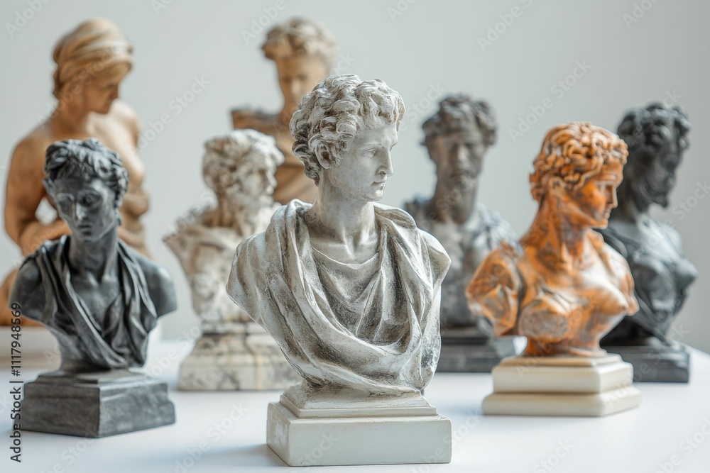 Obraz premium Bust sculptures, various poses, stone-like material.
