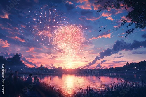 A Grand Fireworks Display Over a Tranquil Night Sky photo