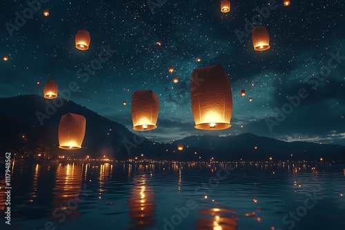 A Group of Friends Releasing Glowing Lanterns into the Night Sky photo