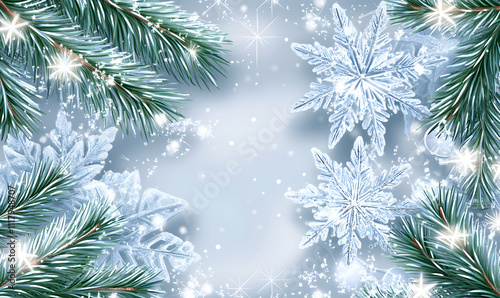 Festive winter background featuring sparkling snowflakes, glistening pine branches, and a soft, light blue backdrop. Perfect for holiday greetings, cards, or winter-themed designs.