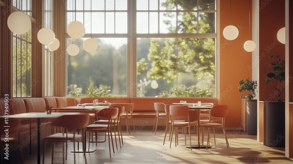 Fototapeta premium A bright, modern caf? interior with wooden furniture and large windows overlooking greenery.