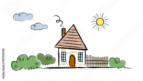 House, fence, sun, clouds, garden near the house. Children's pencil drawing on a white background. Design of a children's corner, playroom