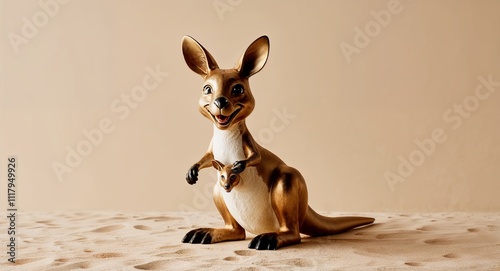 A joyful kangaroo figurine with a joey peeking out on a plain desert beige background