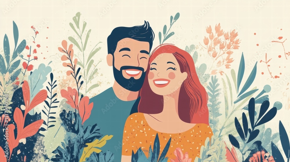 Happy Couple in Blooming Garden Happy Couple in Blooming Garden