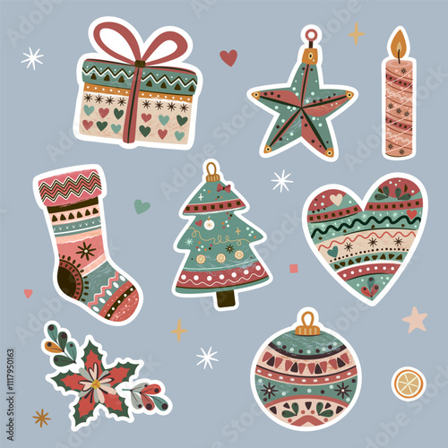 Christmas sticker set in boho style. Festive decor from Christmas and New Year symbols. Christmas tree decorations, balls, gift stocking, gift box, candle, heart, poinsettia flower, natural colors.