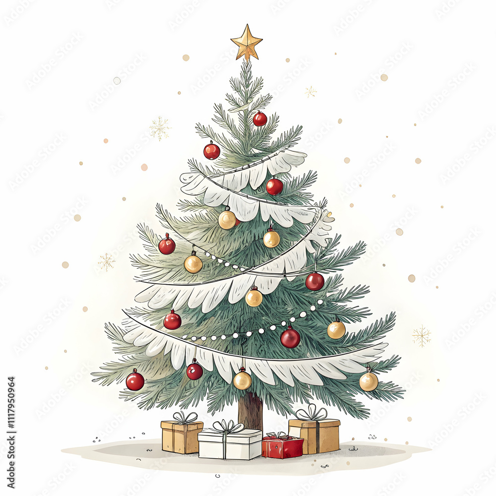 Festive Christmas Tree Decorated with Red and Gold Ornaments for Holiday Spirit