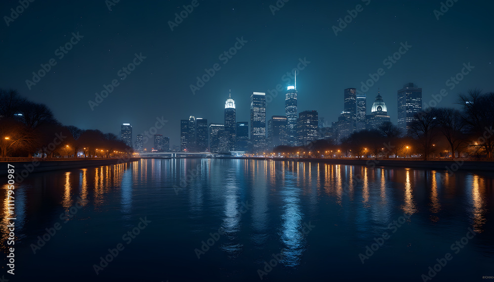 Obraz premium Darkened Cityscape with Illuminated Stars Reflecting on a River