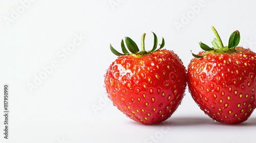 Two vibrant red strawberries with green leaves on a plain white background, showcasing fresh, ripe, and juicy textures.