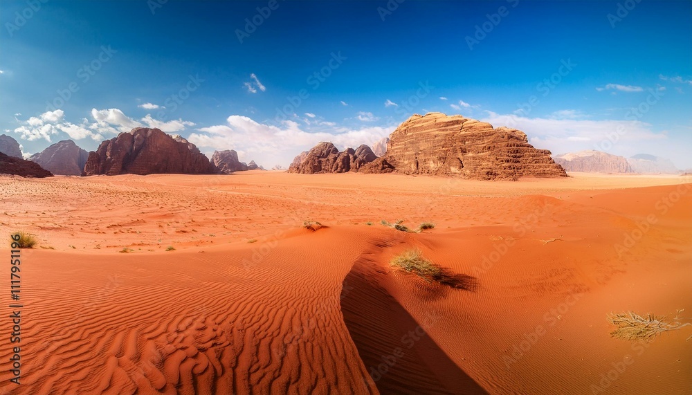 Obraz premium Wadi Rum's iconic orange-red sand desert with rocky formations and towering mountains beneath a vibrant blue sky, showcasing the stunning desert landscape