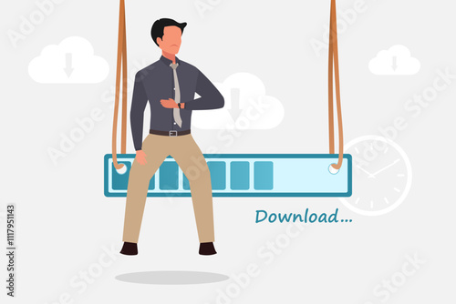 Businessman sitting on the status bar download while looking at his watch. Cloud technology and data storage concept. Vector illustration.