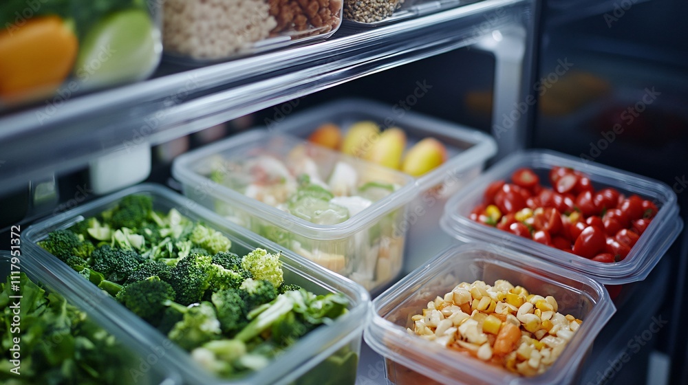 Fresh Vegetables in Plastic Containers in a Refrigerator Fresh Vegetables in Plastic Containers in a Refrigerator