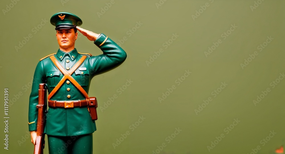 A proud soldier figurine saluting on a plain olive green background A proud soldier figurine saluting on a plain olive green background